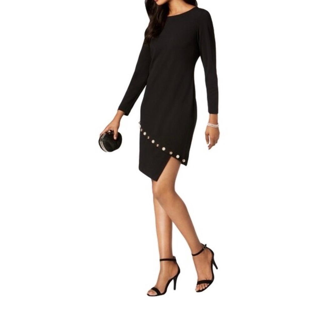 MSK Petite Black Asymmetrical Shift Dress w/ Pearl Stud Embellishments -‎ 14P